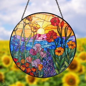 Wildflowers Sun catcher, Sunset Stained Glass Style Window Hangings, Wall Decor, Housewarming Gift, Home Decor, Window Hanger