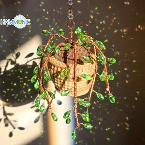 Suncatcher String of Pearls Plant Hanging, Crochet & Crystal Plant for Window Hanging, Plant Lover Gift, Car Mirror Hanging, Mom Gifts