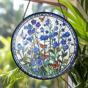 Forget Me Not Butterfly Stained Glass Suncatcher, Floral Window Hanging, Garden Decor, Botanical Suncatcher Decor, Gift For Mother's Day