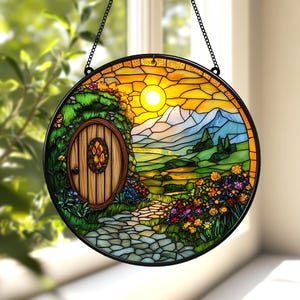 The Shire Stained Glass Suncatcher, Hobbit House Acrylic Decor, Fantasy Window Art, LOTR Inspired Gift, Whimsical Cottagecore Accent