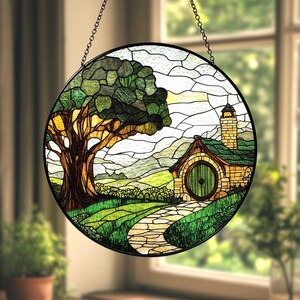The Shire Stained Glass Suncatcher, Hobbit House Decor, Fantasy Stained Glass, Velaris Art, Lotr Inspired Gift, Whimsical Cottagecore Accent
