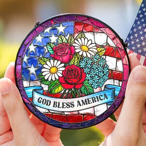 4th of July Glass Suncatcher, God Bless America, Memorial Day Gift, Floral American Flag Hanging Sign, Independence Day Window Decor