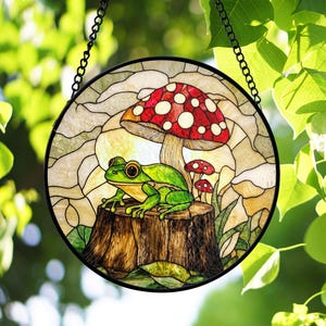 Frog and Mushroom Stained Glass Suncatcher, Whimsical Forest Decor, Nature Inspired Art, Cottagecore Home Accent, Gift for Nature Lover