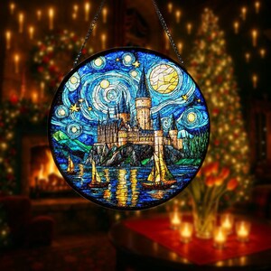Wizard School Stained Glass Suncatcher, Enchanted Castle Stained Glass Suncatcher – Christmas Window Decor for Book Lovers & Fantasy Fans