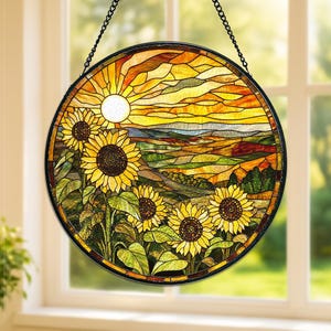 Sunflower Glass Suncatcher, Window Stained Glass, Floral Pendant Window Wall, Plan Lover, Sunflower Suncatcher,  Flower Garden Decor